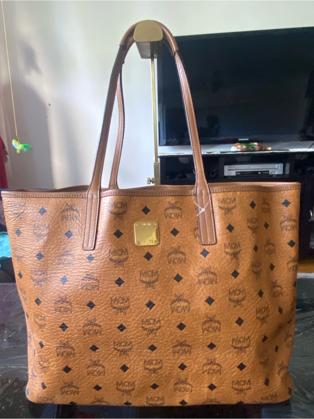 MCM Cognac Visetos Monogram Tote with Gold Plaque